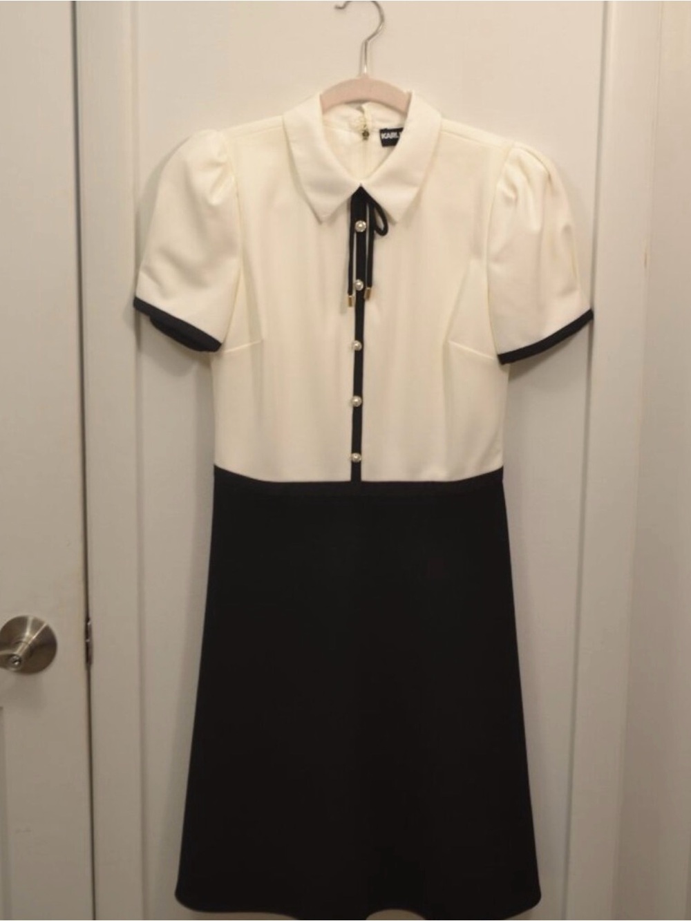Karl Lagerfeld Black and White Midi Dress with Pearl Buttons